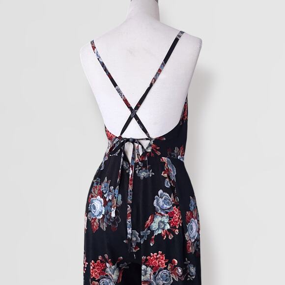 Boho Black Wide Leg Jumpsuit Floral Whimsygoth Plunge V-Neck Festival One Piece - Picture 3 of 9